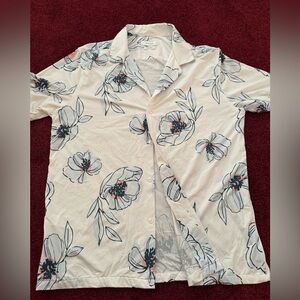 Porter & Ash Men's Button-Up Shirt Kinetic Stretch White Blue Floral Size Large